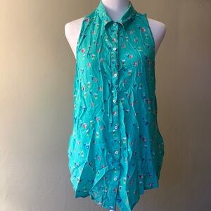 Hollister Teal Tank Top with Sail Boat & Palm Tree Print. Button Up Front Size M